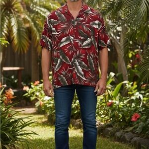 Men's Red Leaf Print Casual Button Down Shirt